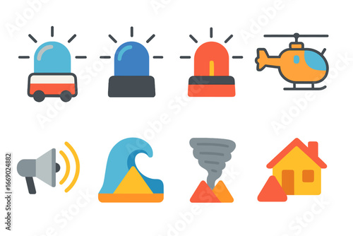 Colorful Emergency Alerts. Flat vector mini-illustrations emergency alarms in colors children's illustrations: ambulance siren,