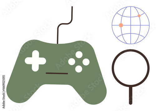 Gaming controller with cord beside a search magnifier and globe with connection points. Ideal for technology, gaming, exploration, creativity, global reach, innovation, user experience. Simple flat