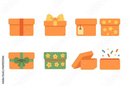 Colorful Gift Shoebox Icons. Flat vector mini-illustrations gift shoe boxes in colors children's illustrations: gift wrapped