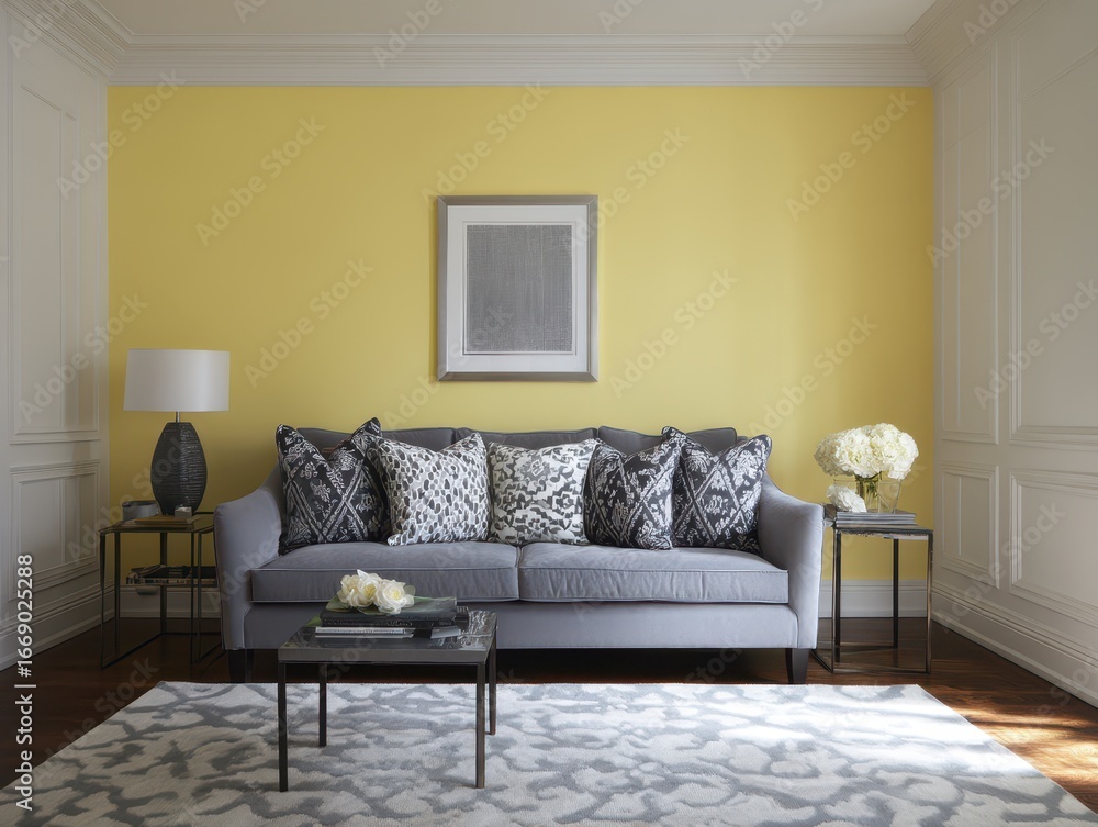 Fototapeta premium A stylish living room features a gray sofa with patterned cushions, set against a vibrant yellow wall, complemented by decorative end tables and a patterned rug.