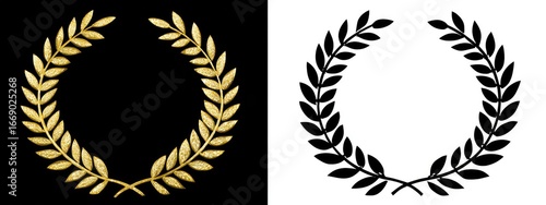 A gold laurel wreath on a black background and a black laurel wreath on a white background.  Both are circular and feature detailed leaves