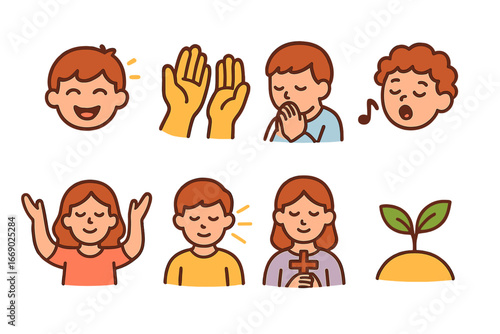 Colorful Gospel Emotions Icons. Flat vector mini-illustrations gospel emotions in colors children's illustrations: joy, praise