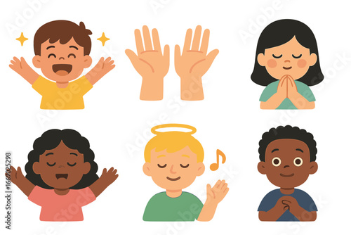 Colorful Gospel Emotions Icons. Flat vector mini-illustrations gospel emotions in colors children's illustrations: joy, praise