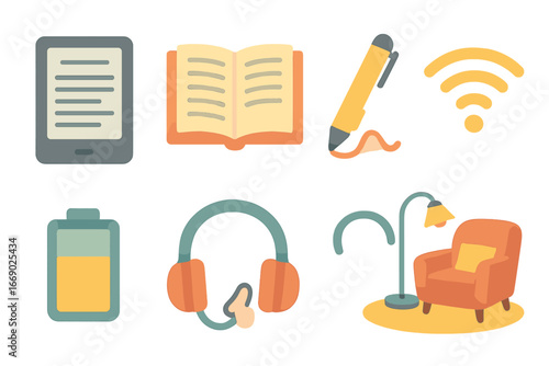 Colorful Kindle Icons. Flat vector mini-illustrations kindle in colors children's illustrations: kindle device, open ebook,