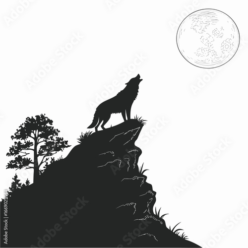Moon shining above spiral cliff silhouette