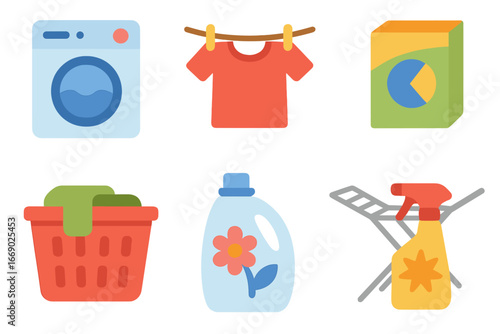 Colorful Laundry Tools. Flat vector mini-illustrations laundry tools in colors children's illustrations: washing machine,