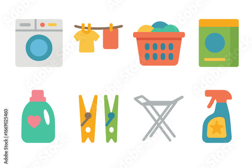 Colorful Laundry Tools. Flat vector mini-illustrations laundry tools in colors children's illustrations: washing machine,
