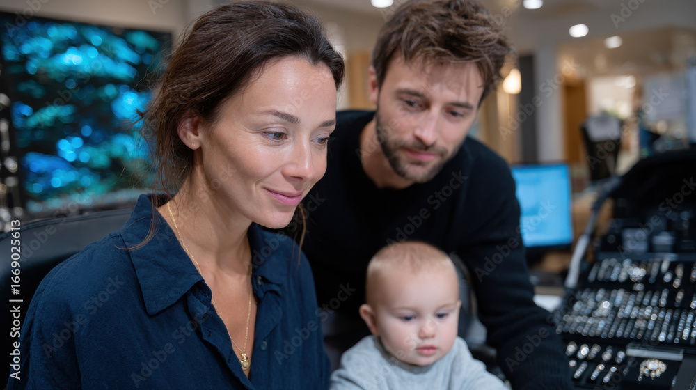 Fototapeta premium A young couple happily interacts while their baby watches, exemplifying modern parenting in a professional environment filled with technology and family dynamics.