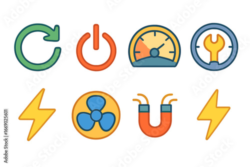 Colorful Motor and Wire Icons. Flat vector mini-illustrations motor symbols in colors children's illustrations: rotation arrow,