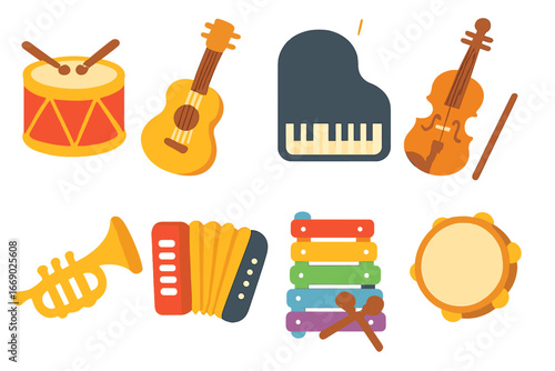 Colorful Musical Instruments. Flat vector mini-illustrations musical instruments in colors children's illustrations: drum, guitar,