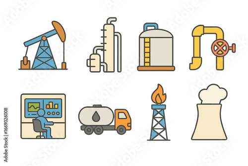 Colorful Refinery Icons. Flat vector mini-illustrations refinery process in colors children's illustrations: oil rig, distillation
