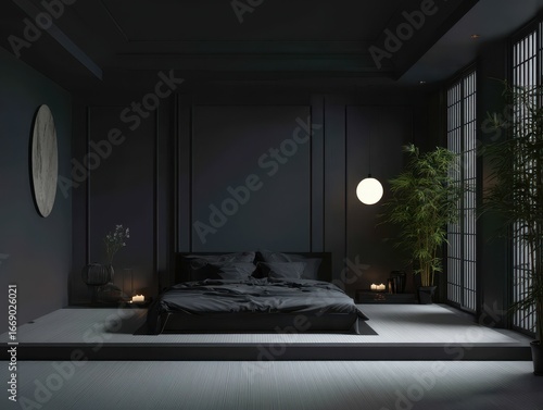 A sophisticated, dark bedro...