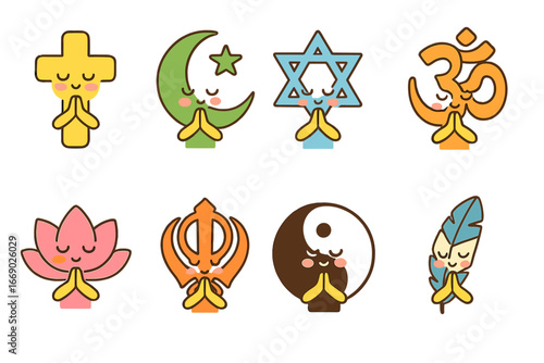Colorful Religious Symbols. Flat vector mini-illustrations prayers from different religions in colors children's illustrations: