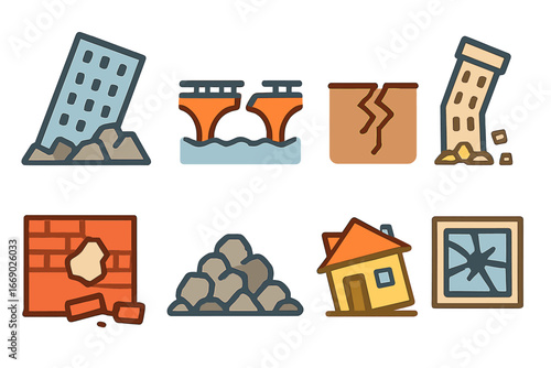 Colorful Ruin Icons. Flat vector mini-illustrations collapse in colors children's illustrations: fallen building, broken bridge,