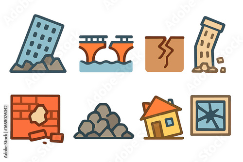 Colorful Ruin Icons. Flat vector mini-illustrations collapse in colors children's illustrations: fallen building, broken bridge,
