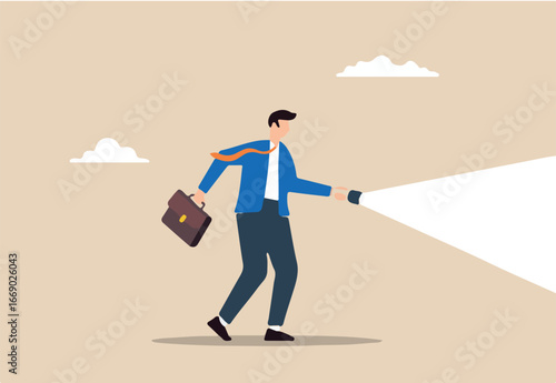 Flat illustration of businessman holds flashlight for guidance symbolizing mentorship and direction towards success	