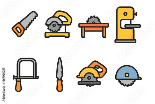 Colorful Saw Illustrations. Flat vector mini-illustrations saw tools in colors children's illustrations: hand saw, miter saw,
