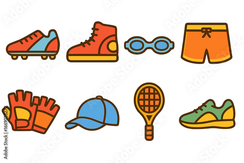 Colorful Sports Icons. Flat vector mini-illustrations fit for sports in colors children's illustrations: soccer cleats, basketball