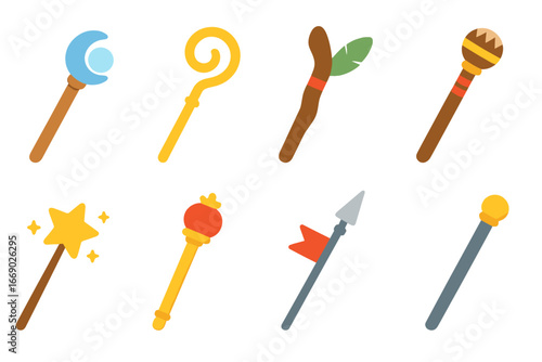 Colorful Staff Icons. Flat vector mini-illustrations Symbolic staff in colors children's illustrations: wizard staff, bishop’s