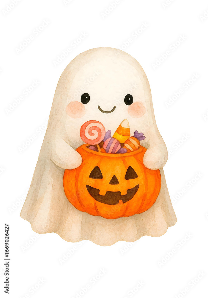 Fototapeta premium Cute Halloween Ghost Watercolor Illustration, Spooky Kawaii Spirit Clipart