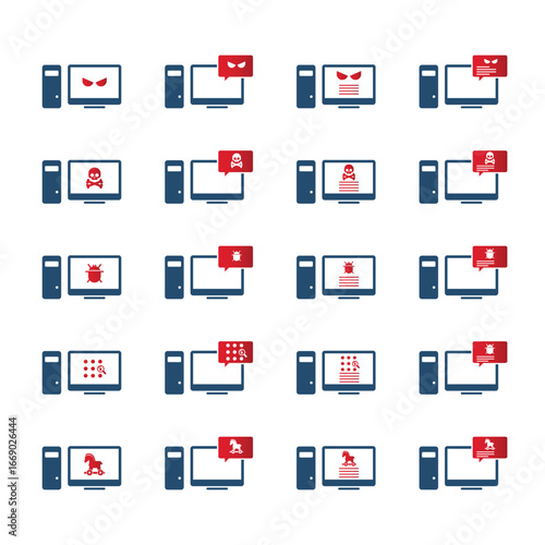 Malware desktop icon set. Hacking concept.