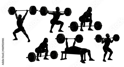Weightlifting exercises silhouettes, powerlifting techniques, isolated on white for fitness.