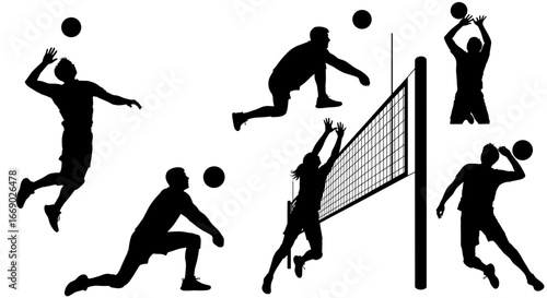 Dynamic volleyball players in action silhouettes, intense sporting activity