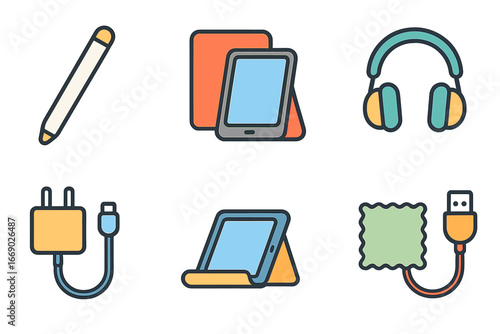 Colorful Tablet Accessories. Flat vector mini-illustrations tablet accessories in colors children's illustrations: stylus pen,