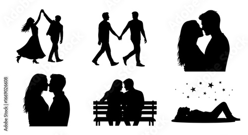 Romantic couple silhouettes showcasing diverse intimate moments in black and white