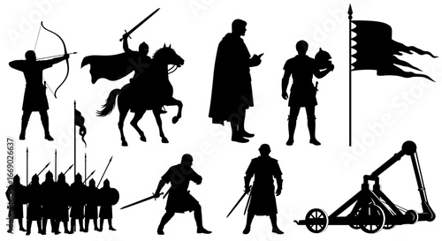 Medieval Warriors and Siege Warfare in Silhouette Illustration Style