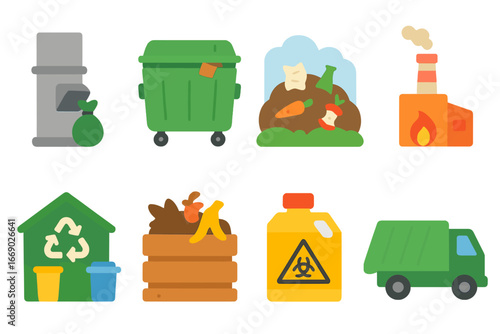 Colorful Trash Disposal Icons. Flat vector mini-illustrations trash disposal in colors children's illustrations: trash chute,