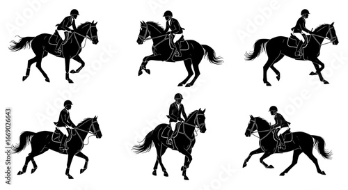 Equestrian Excellence: Black Silhouettes of Horses and Riders in Elegant Formation