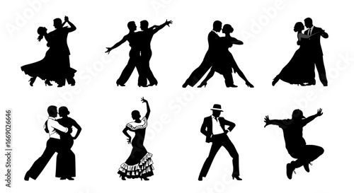 Diverse dance silhouette collection depicting various styles on a white background