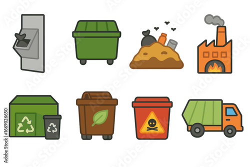 Colorful Trash Disposal Icons. Flat vector mini-illustrations trash disposal in colors children's illustrations: trash chute,