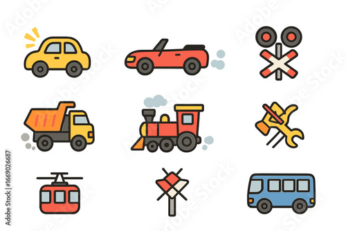 Colorful Vehicle Sounds. Flat vector mini-illustrations vehicle sounds in colors children's illustrations: honk, beep, vroom,