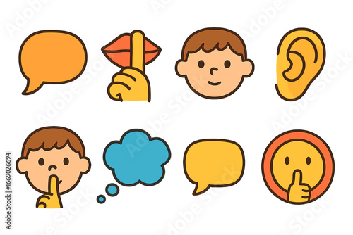 Colorful Whisper Icons. Flat vector mini-illustrations whispering in colors children's illustrations: whisper bubble, finger on