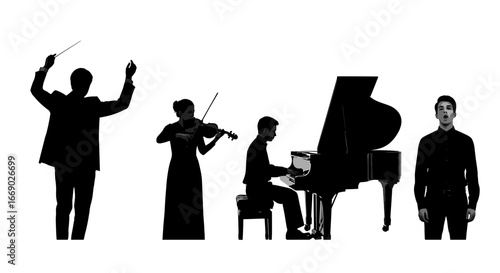Classical Music Ensemble Performance: Conductor, Violinist, Pianist, and Vocalist in Silhouette