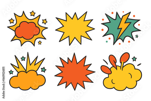 Comic Sound Effects. Flat vector mini-illustrations graphic novel sound effects in colors children's illustrations: Bam, Pow, Zap,