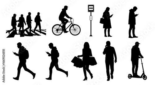 Urban People Silhouettes in Motion: City Life in Graphic Black