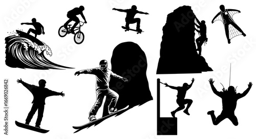 Diverse extreme sports silhouettes exhibiting action and adventure in black and white