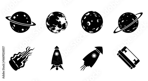 Black and white cosmic collection of planets, rockets, and spaceship