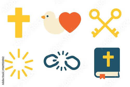 Confession Symbols Grid. Flat vector mini-illustrations confession symbols in colors children's illustrations: cross, dove, heart,