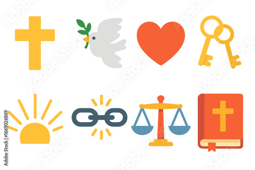 Confession Symbols Grid. Flat vector mini-illustrations confession symbols in colors children's illustrations: cross, dove, heart,