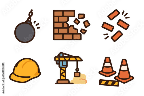 Construction Icons for Kids. Flat vector mini-illustrations demolition wreck in colors children's illustrations: wrecking ball,