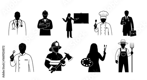 Diverse career paths: a collection of professional silhouettes on white