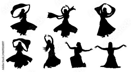 Belly Dance Silhouettes: Graceful Female Dancers in Motion and Performance