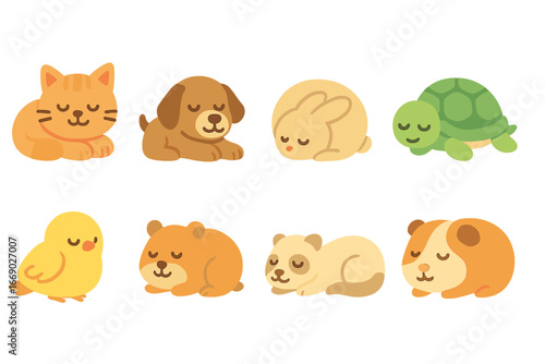Cozy Animal Icons. Flat vector mini-illustrations lounging pets in colors children's illustrations: sleeping cat, resting dog,