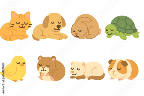 Cozy Animal Icons. Flat vector mini-illustrations lounging pets in colors children's illustrations: sleeping cat, resting dog,