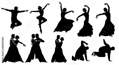 Diverse Dance Silhouettes Showcasing Ballet, Ballroom, and Breakdancing Styles