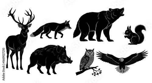 Striking black wildlife silhouettes isolated on a crisp white background.